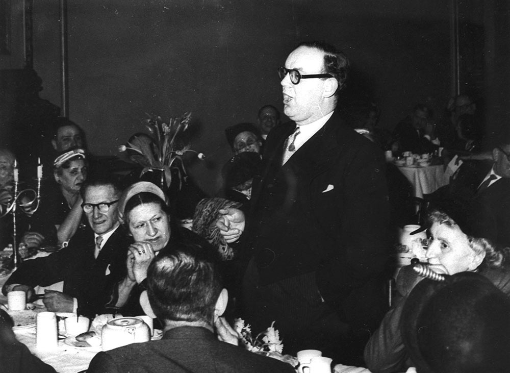 Sidney Delivering A Speech At The Celebrations Of The Golden Jubilee Of The United Synagogue In 1954.